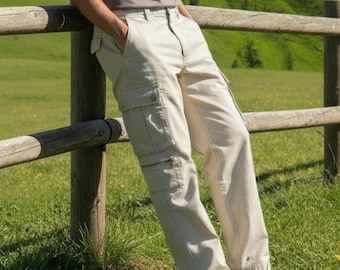 VTG Mens Khaki Cargo Pants Baggy NWT Sz 36 X 30 90s Y2K Beige Cream Cotton