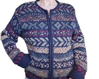 90s VTG Mohair Wool Blend Cardigan Sweater Full Zip Fair Isle Fuzzy Navy