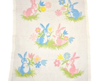 VTG Chatham White Baby Blanket Nylon Trim Easter Pastel Bunny Rabbit Flowers