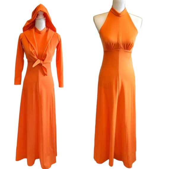 Vintage 70s Womens Neon Orange 2 Pc Maxi Dress Hoo