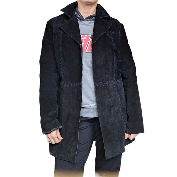 Womens Black Suede Patchwork Jacket Large Vintage 90s Leather