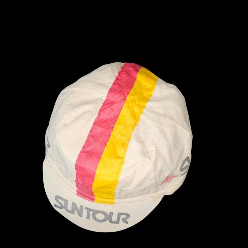 Yellow Can Red Lettering VTG 80s Suntour Cycling Cap White Red Yellow Stripe Bicycle Racing Hat ...