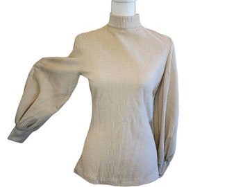 Vintage 80s Neutral Beige Gold Metallic Ribbed Turtleneck Balloon Sleeve Sz Small Medium Sparkle Party Sweater
