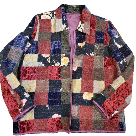 Vintage 90s XL Patchwork Velvet Jacket Reversible… - image 2