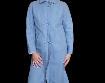 60s Light Blue Wool Peacoat Double Breasted USA Pastel Sz Small Knee Length Periwinkle Baby Blue 1960s
