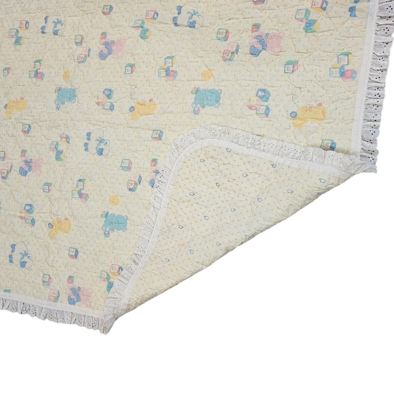 Vintage Light Yellow Baby Blanket ABC Animals Quilted Eyelet Lace  display picture 1