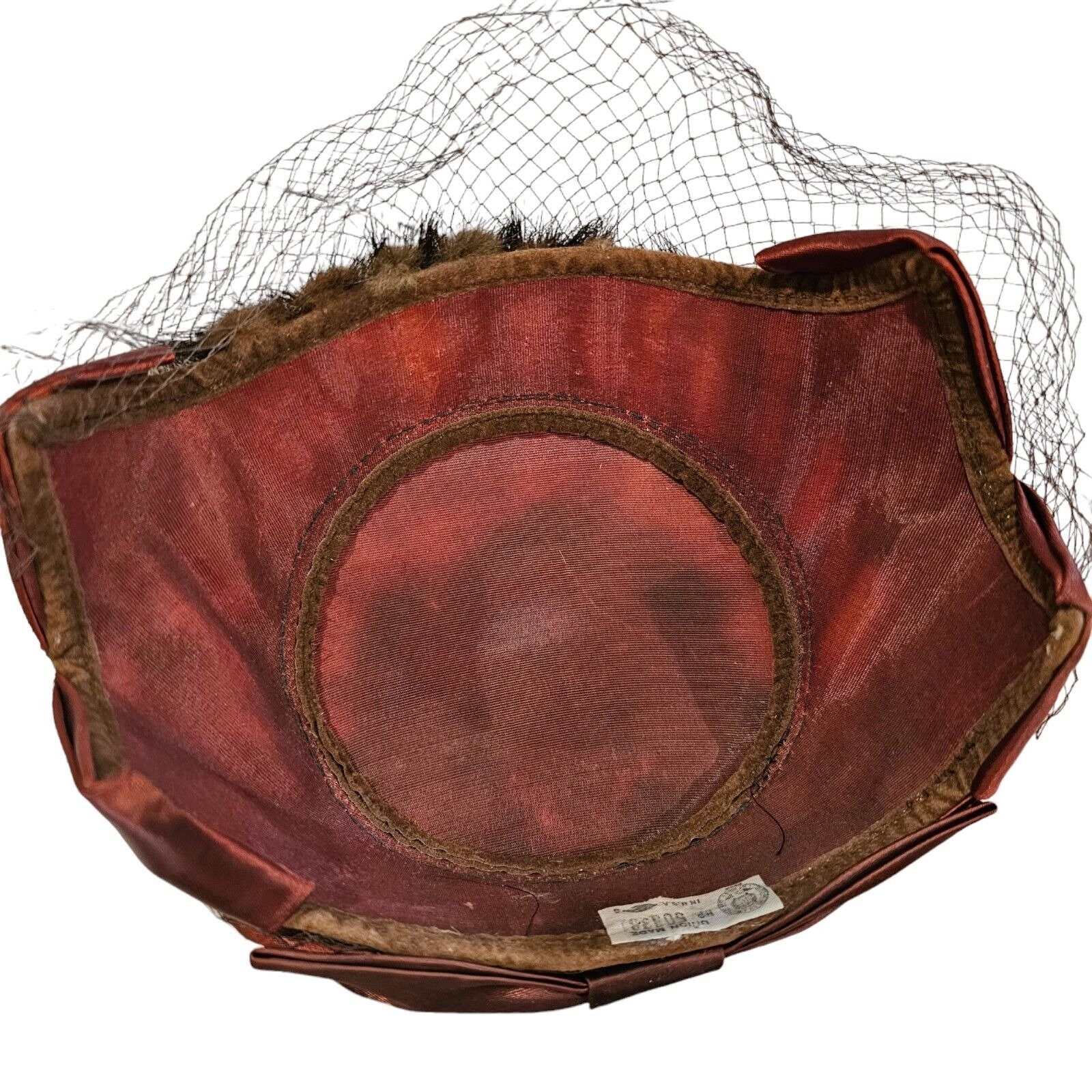 1950s Small Hat Brown Fur Fabric Bow Netting Rust Orange  display picture 2