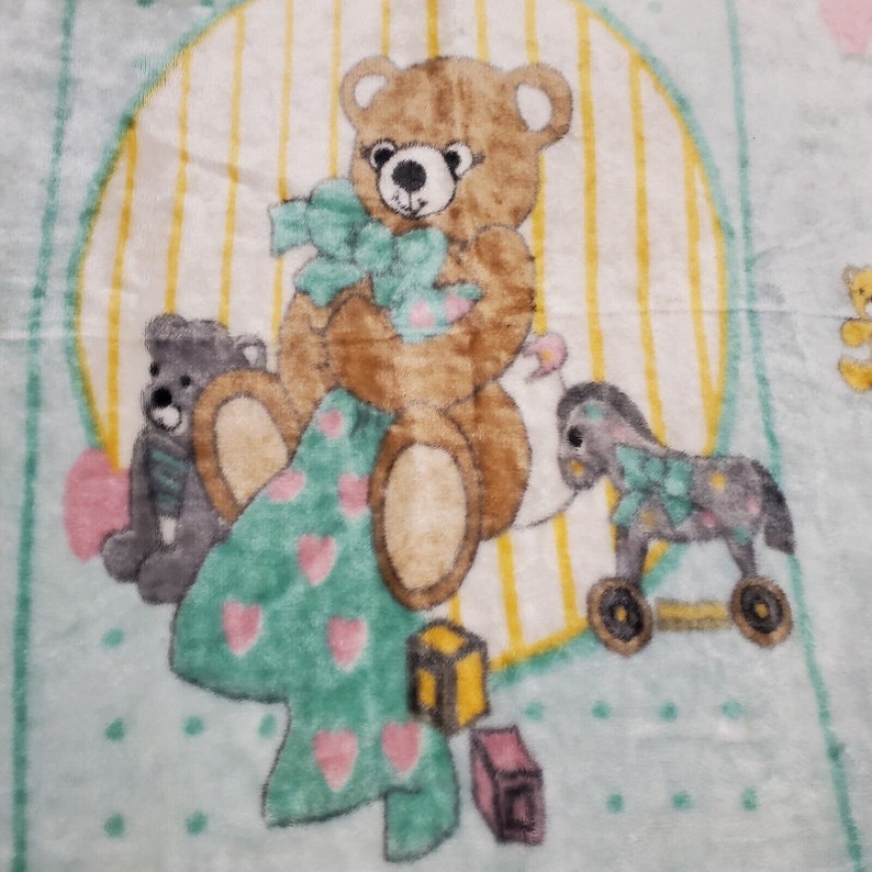 Vintage Novatex Baby Blanket Teddy Bear Rocking Horse Green Etsy