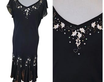 Y2K Black Midi Dress Cocktail Size 14 Assymetrical Whimsigoth Embroidered Beaded