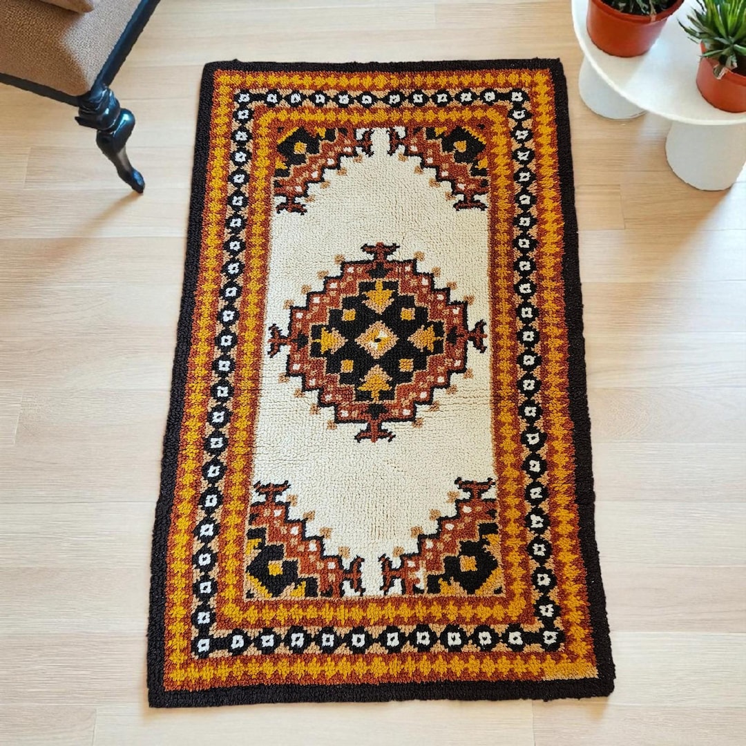 70s Southwest Aztec Shaggy Rug Beige Brown Orange Neutral 36 X 59
