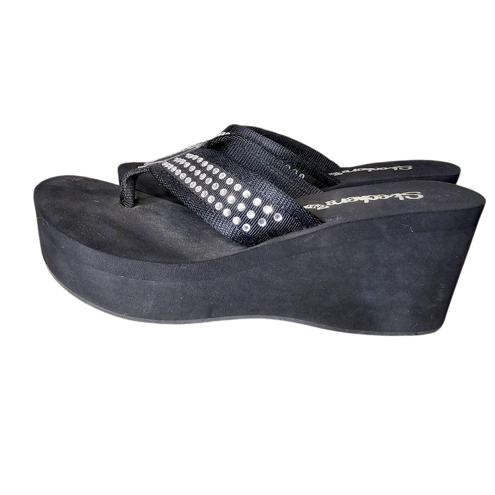 Black Rhinestone Wedge Flip Flops