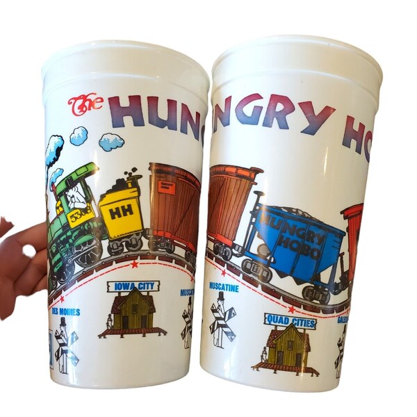 Vintage Hungry Hobo Restaurant Plastic Train Cups Des Moines Rockford Iowa Large