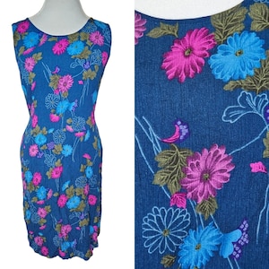 Vintage Sz M/L Blue Floral Summer Dress Sleeveless Tieback Crinkle Rayon Retro