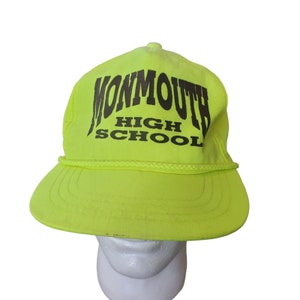 Vintage 80s Monmouth High School Neon Yellow Nylon Rope Hat Snapback Adjustable