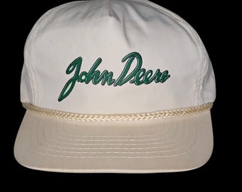 VTG John Deere Ball Rope Hat Cap Adjustable Slide Cursive White 80s Youngan