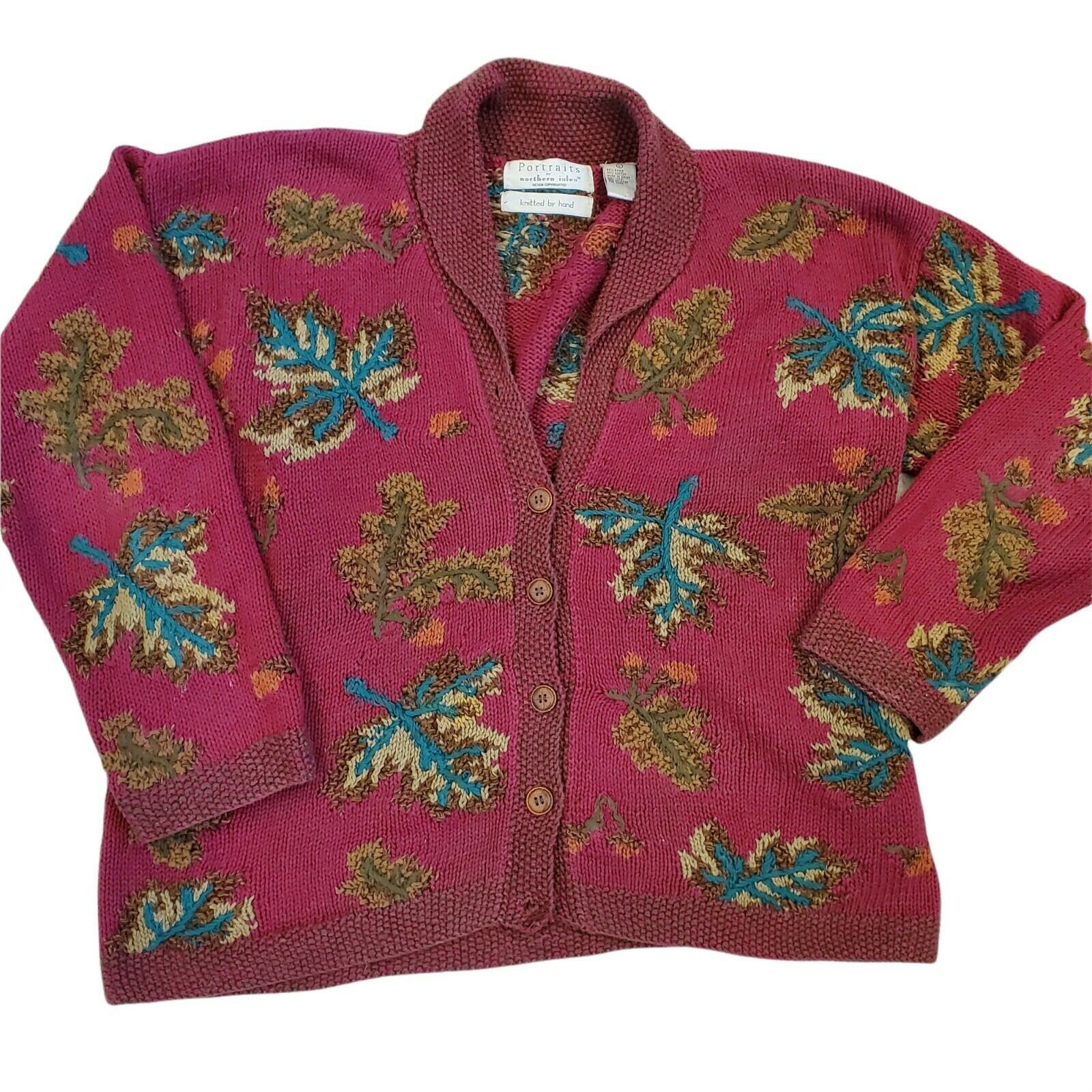 Vintage Northern Isles Fall Leaf Acorn Cardigan Handknit Dark Red Sz Large Ramie Cotton