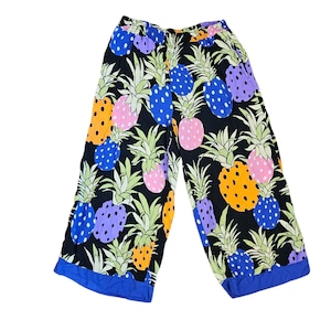 VTG Womens Cropped Wide Leg Pants Pullon Tropical Pineapple Rayon Colorful Sz M