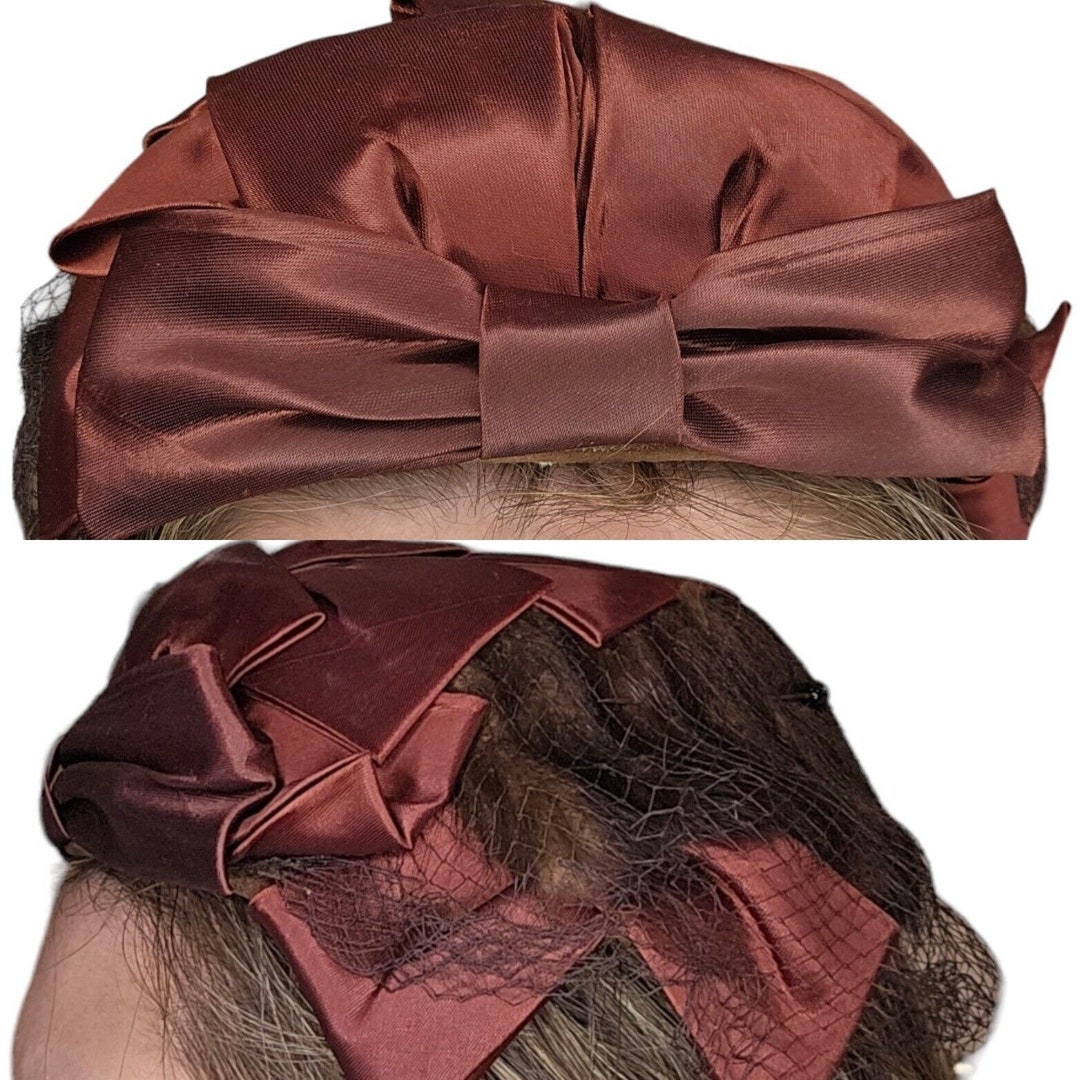 1950s Small Hat Brown Fur Fabric Bow Netting Rust Orange  display picture 2