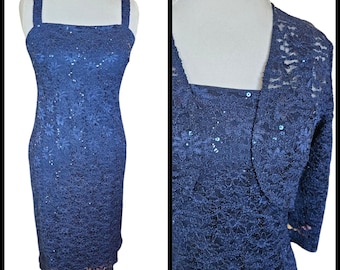 Y2K Womens Dark Blue Lace Sequins Formal Dress Bolero Sz 8 Stretchy Mother Bride