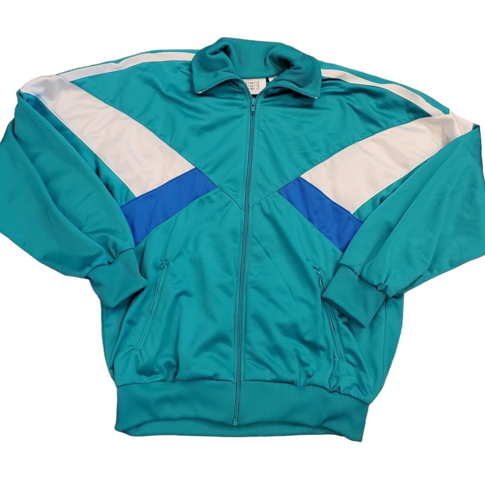 Vintage 80s Mens Large Colorblock Green Zipup Track Jacket