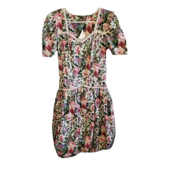 Vintage 1980s Floral Dress Open Back Puff Sleeves