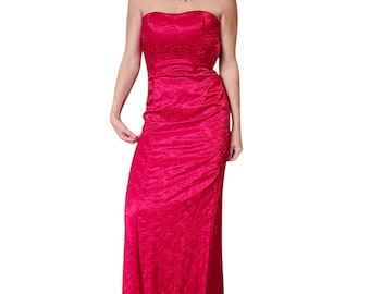 90s Y2K Jessica McClintock Red Formal Dress Long Satin Floral Embroidered 2000s Party Special Occasion