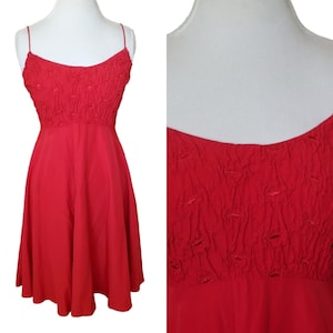 Vintage 90s Red Smocked Babydoll Mini Dress Spaghetti Strap Medium 8 10