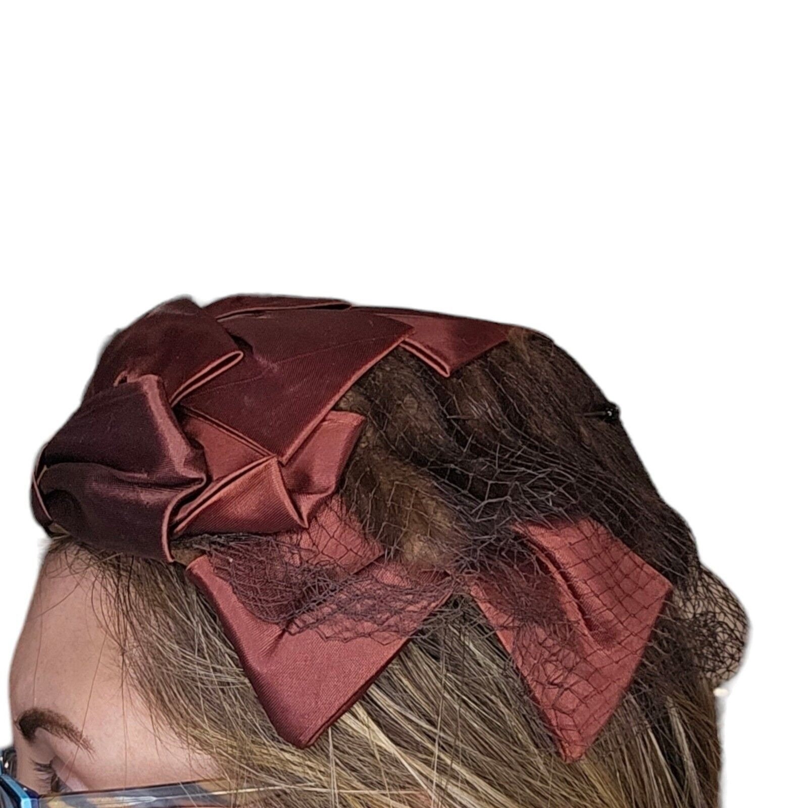 1950s Small Hat Brown Fur Fabric Bow Netting Rust Orange  display picture 1