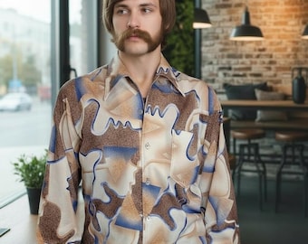 70s Disco Shirt Button Up Sz M Polyester Cream Brown Psychedelic VTG Hippie