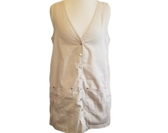 Vintage 90s Khaki Pinafore Mini Dress Button Front Neutral Cotton Pockets Medium