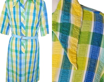 Vintage 70s M/L Bright Plaid Casual Belted Dress Pointed Collar Bright Green Cotton Lightweight Retro Day House Dress Popover