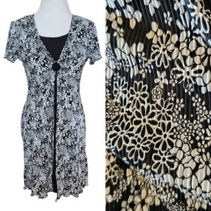 Vintage Y2K Womens Small Black Retro Floral Pleated Dress Knee Length Layered