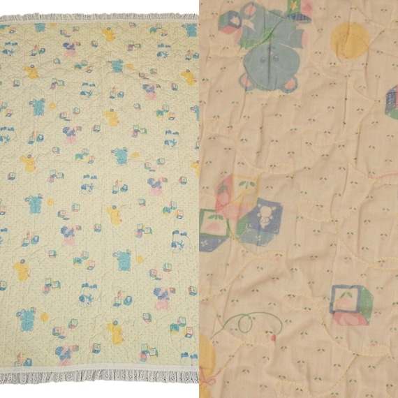 Vintage Light Yellow Baby Blanket ABC Animals Quilted Eyelet