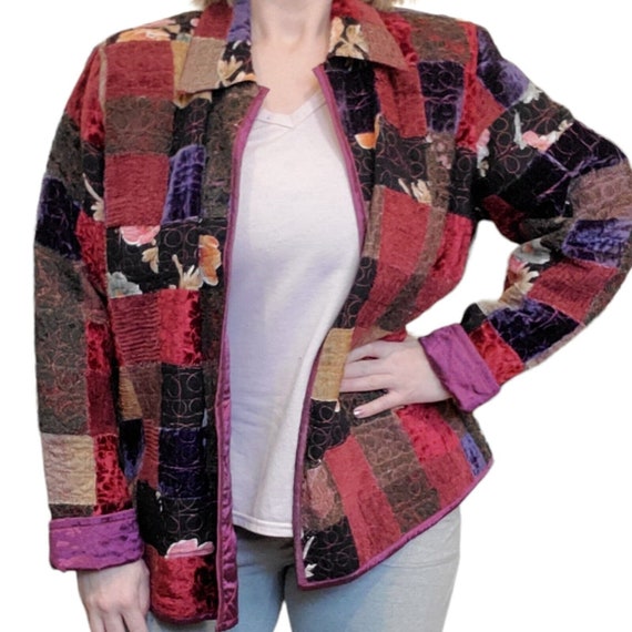 Vintage 90s XL Patchwork Velvet Jacket Reversible… - image 1