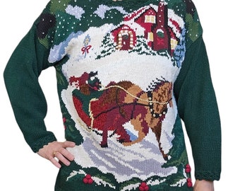 90s Christmas Holiday M/L Handknit Sweater Chunky Horse Sleigh Ride Nature Scene