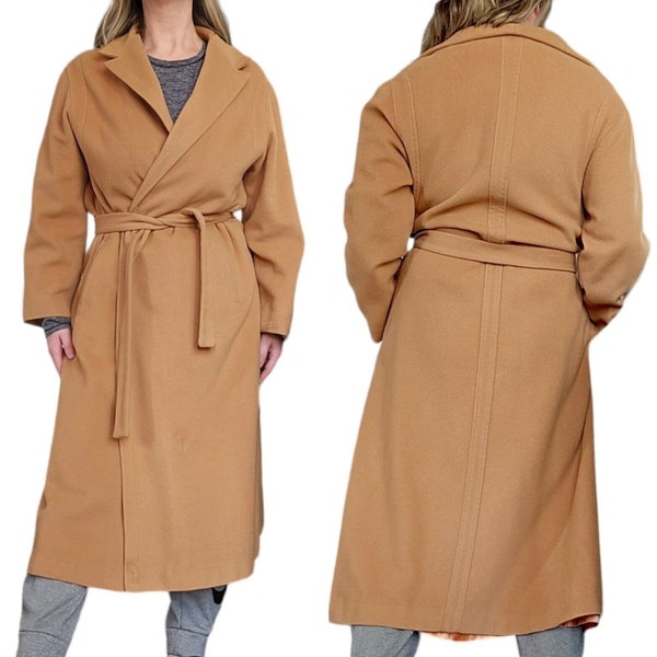 Vintage 60s 70s Cashmere Camel Tan Tie Trench Coat Long Wrap Coat Small Medium Moth Holes