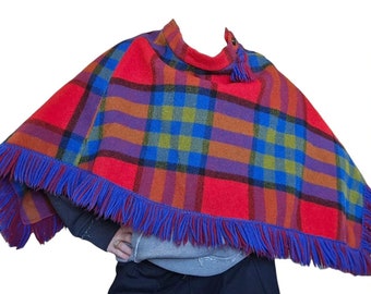 70s Pioneerwear Wool Plaid Cape Poncho Shawl Plaid Red Blue Fringe