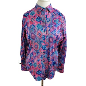 Vintage 80s Geometric Southwest Shirt Longsleeve Blouse Button Up Polyester M/L