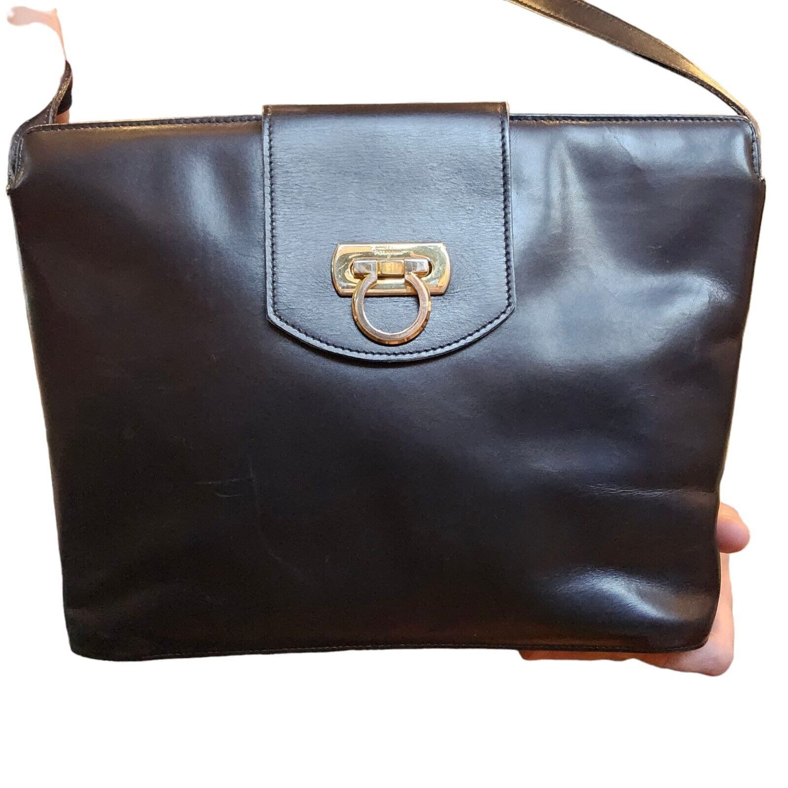 Vintage Salvatore Ferragamo Black Leather Shoulder Bag Purse 