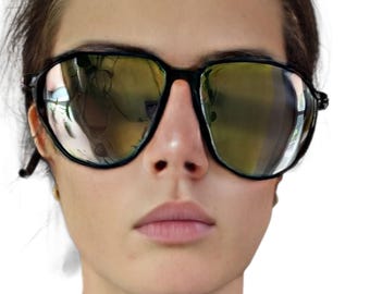 80s VTG Black Ski Glacier Sunglasses Silver Mirrored Lenses Blue Polarized 138mm