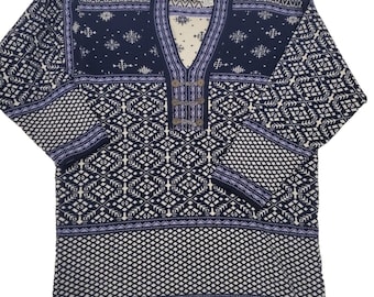 Vintage 90s Pure Wool Navy Blue Nordic Fair Isle Pullover Sweater Oversized Sz M Medium