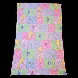 May include: A colorful patchwork quilt featuring the cartoon character Tweety Bird. The quilt has a pattern of squares in pink, green, and blue, with Tweety Bird and floral designs. The quilt is made of a soft, quilted material.