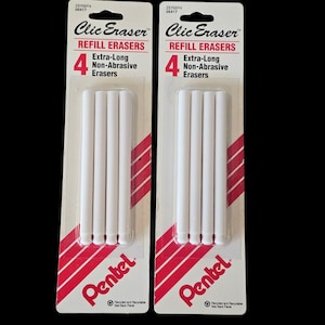 May include: Two packages of Clic Eraser refill erasers. Each package contains four extra-long, non-abrasive white erasers. The packaging is white with red diagonal stripes and the Pentel logo.