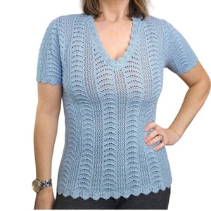 Vintage Medium Baby Blue Open Knit Short Sleeve Sweater V-neck Pointelle Knit