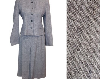 Vintage 60s Gray Tweed Skirt Suit Set Wool Blend Warm Lined Secretary Size 4