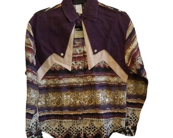 Vintage 90s Womens Western Longsleeve Button Up Shirt Purple Cream Sz Small