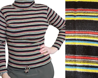 【INCHANT ME】Stripe Warmer Turtleneck T-Shirt Retro 70s 80s Striped Turtleneck Shirt Thin Sweater Medium