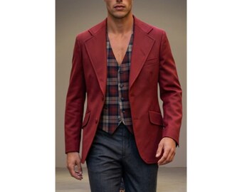 70s Mens Blazer Matching Vest Sz XS/S Burgandy Maroon Plaid Retro Polyester