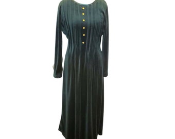 Vintage 90s Grunge Dark Green Velvet Modest Maxi Dress Longsleeve USA Sz M/L