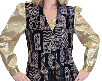 80s Medium Gold Foil Black Velvet Vest Longsleeve Cocktail Shirt Puff Sleeve